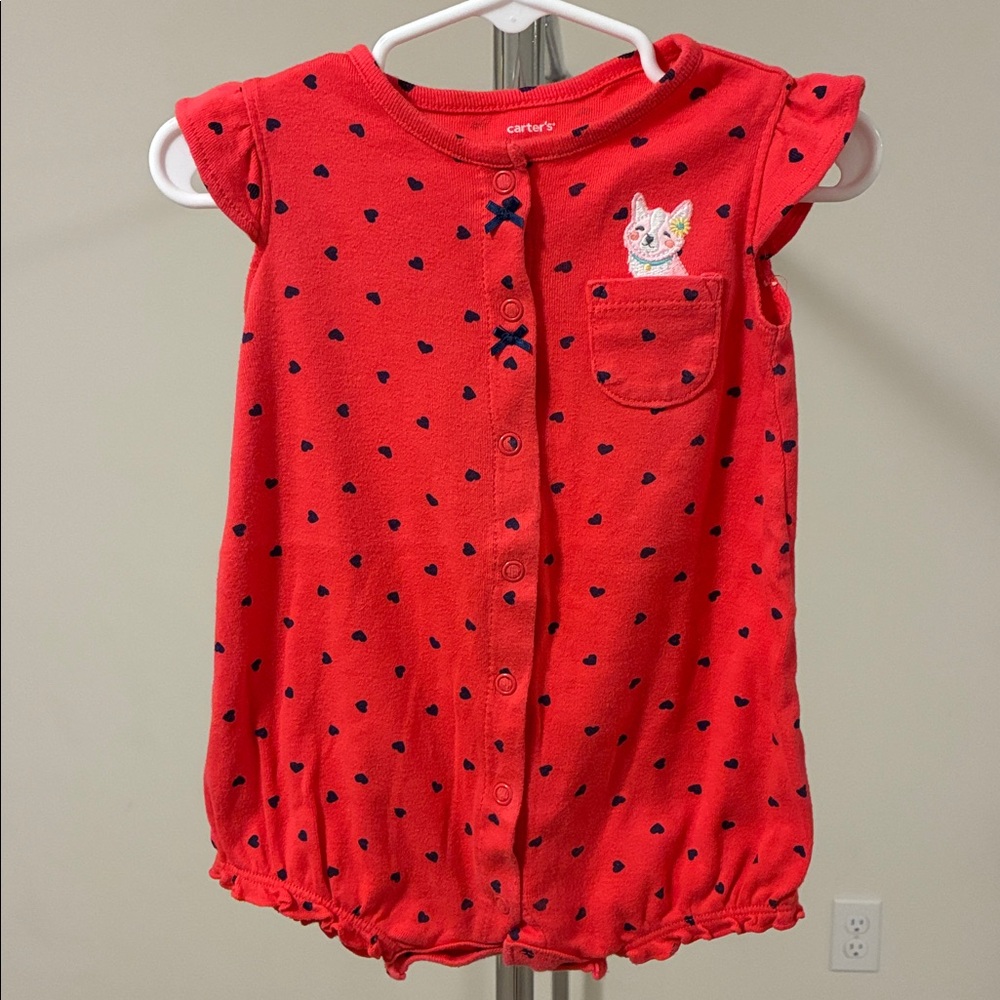 Carter's Red with Navy Heart Pattern Romper with Cat Detail